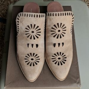 Tan,2" stacked heel,suede like slide, size 8.5